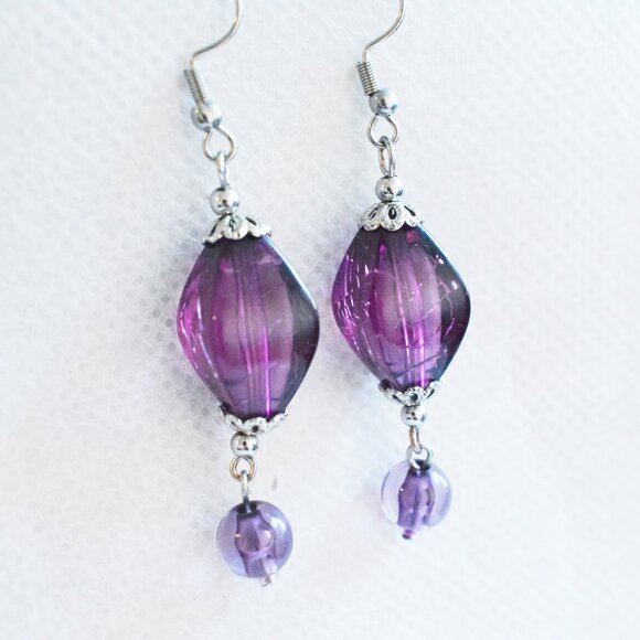 Purple Beaded Drop Earrings Lightweight Handmade Hypoallergenic Jewelry - Picture 3 of 5